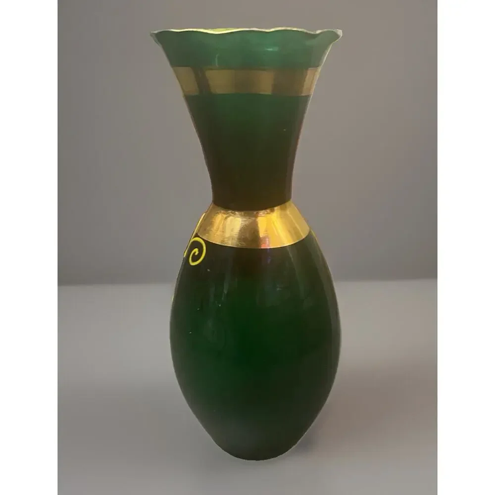 Vintage Green Glass Bohemian Hand Painted 6”T x 2.5
